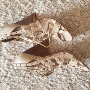 LAMB Beige Leather Lace Up Gladiator Strappy Wedge